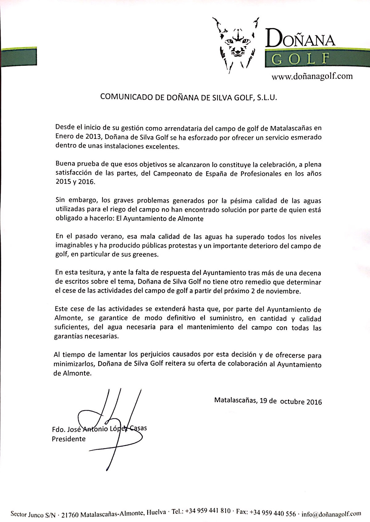 Comunicado Doñana Golf