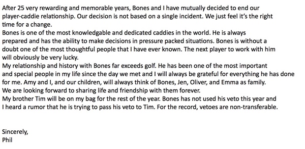 COmunicado de Phil Mickelson